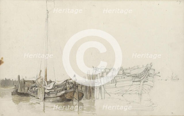 Men on a moored fishing boat at a quay, 1797-1838. Creator: Johannes Christiaan Schotel.