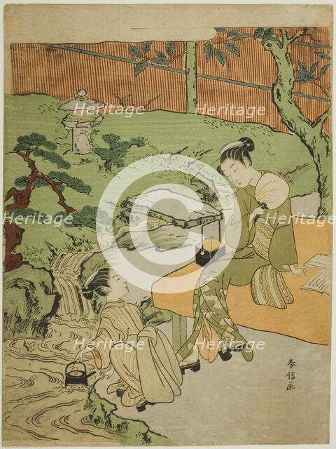 Two Girls Enjoying the Evening Cool in a Garden, c. 1765/70. Creator: Suzuki Harunobu.