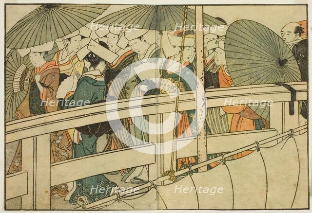 Crossing a Bridge in Summer, from the illustrated book "Picture Book: Flowers of the Four..., 1801. Creator: Kitagawa Utamaro.