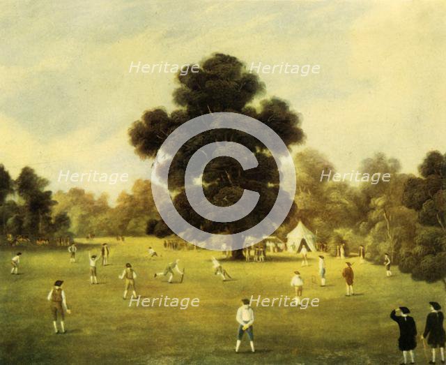 'Lords and Gentlemen of Surrey and Kent Playing Cricket at Knole Park, Kent, 1775', 1947. Creator: Unknown.