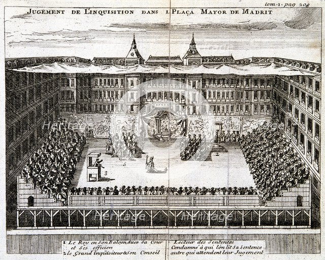 Trial by the Spanish Inquisition in progress in Madrid, 1759. Artist: Anon