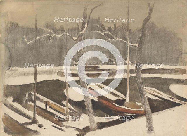 Moored barges on a snowy canal, 1870-1923. Creator: Willem Witsen.