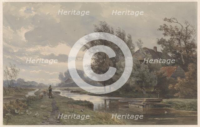 Shepherd with sheep at a farm by the water, 1835-1892. Creator: Jan Willem van Borselen.