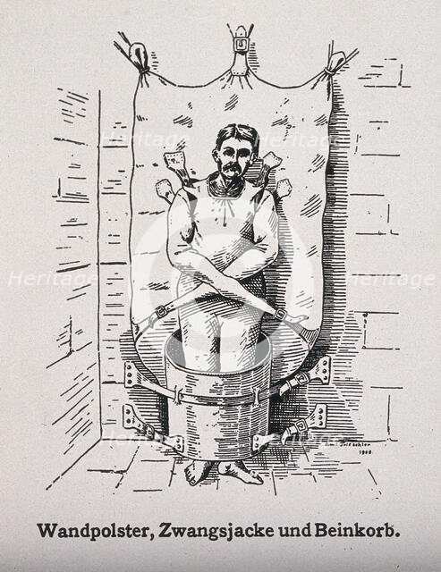 A mentally ill patient in a strait-jacket attached to the wall and a strange barrel shaped..., 1908. Creator: Unknown.