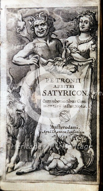 Cover of the work 'Satyricon' by Petronius, Latin edition printed in Amsterdam in 1634.
