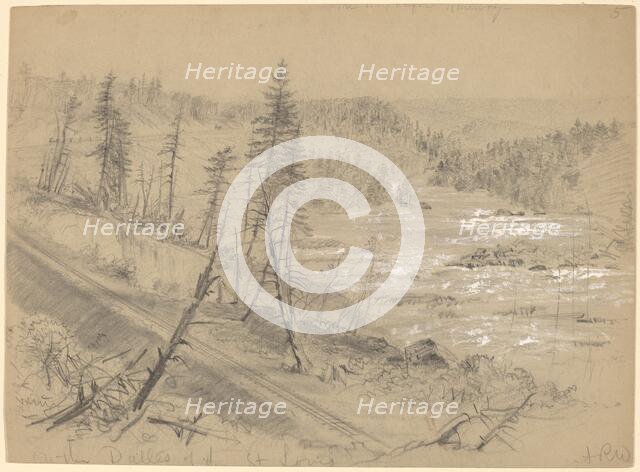 Railroad on the Dalles of the St. Louis, 1882. Creator: Alfred Waud.