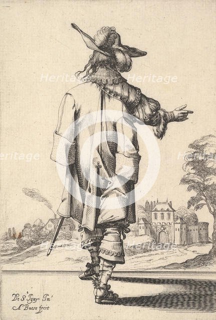 A gentleman, seen from behind, with his right arm outstretched and a cloak over his left s..., 1629. Creator: Abraham Bosse.