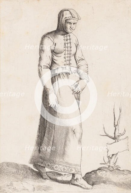 Costume Plate: Woman with Hooded Garment, ca. 1557-58. Creator: Enea Vico.