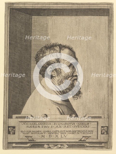 Portrait of Michelangelo in profile facing right set within a recess, 1545. Creator: Unknown.