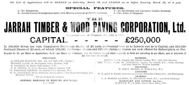Advertisement for the Jarrah Timber & Wood Paving Corporation, Ltd., 1898. Creator: Unknown.