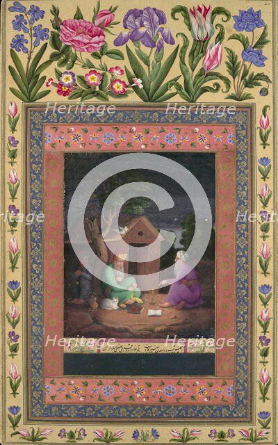 Two Old Men in Discussion Outside a Hut, Folio from the Davis Album, A.H.1085/A.D.1674-75. Creator: Ali Quli Jabbadar.