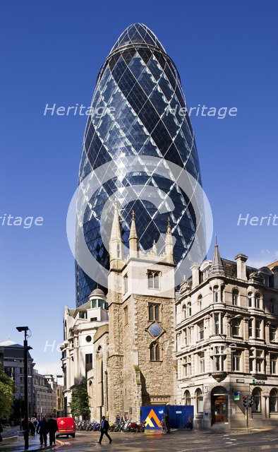 Church of St Andrew Undershaft and the Gherkin, City of London, 2012. Artist: James O Davies.
