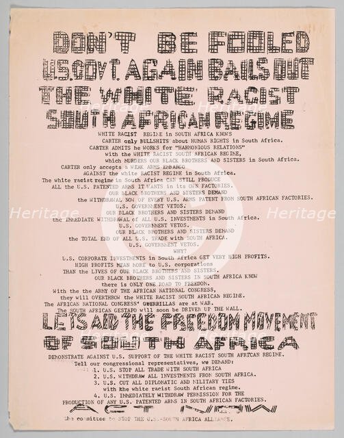 Flyer urging people to tell Congress to end trade with South Africa, 1970s. Creator: Unknown.
