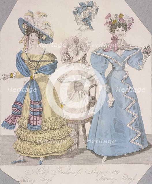 Two women wearing walking dress and morning dress, 1827. Artist: Anon