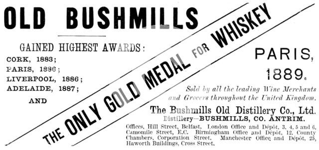 Advertisement for Old Bushmills Whiskey, 1890. Creator: Unknown.