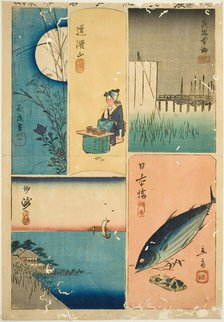 Eitai Bridge, Nihon Bridge, Susaki, Flower Garden, and Dokan Hill (Eitaibashi, Nihonbashi,..., 1852. Creator: Ando Hiroshige.