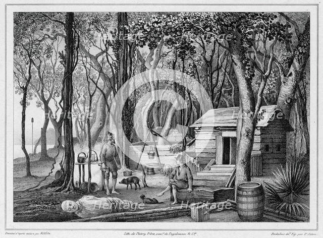 Dwelling of Two Shipwrecked Europeans in Port Lloyd of Peel Island, Bonin Islands, 19th century. Creators: Friedrich Heinrich Kittlitz, Victor Adam, Louis-Pierre-Alphonse Bichebois, Godefroy Engelmann.