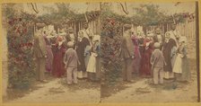 Group of people playing a game in the garden, one woman is blindfolded, about 1865. Creator: Unknown.