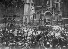 Crowd outside church allowing funeral cortege of King Leopold to pass, Belgium, 1910. Creator: Bain News Service.
