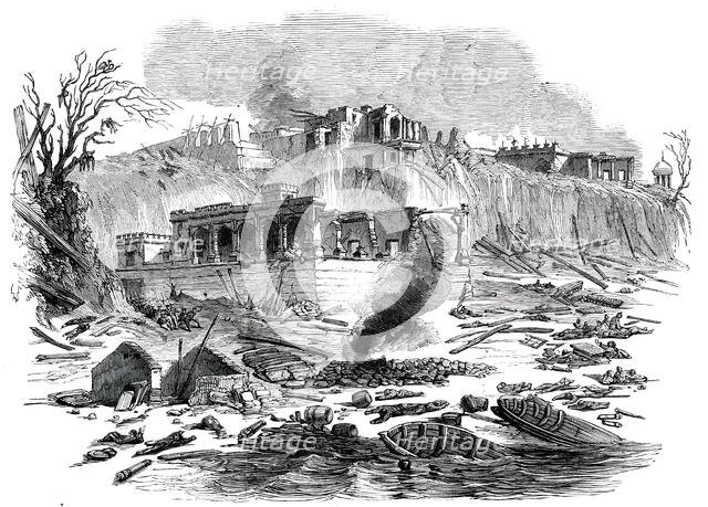 Terrific Explosion at the Raj Ghaut Ferry, Benares, 1850. Creator: Unknown.