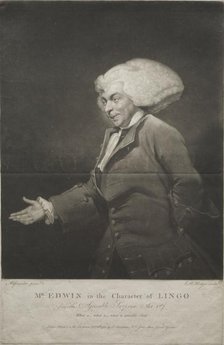 Mr. Edwin in the Character of Lingo, 1784. Creator: Charles Howard Hodges (British, 1764-1837).