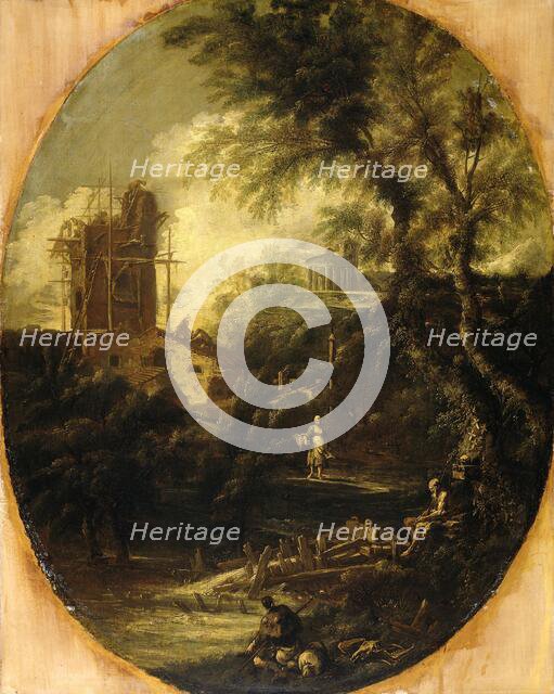 Landscape with Hermit, Pilgrim and Peasant Woman, 1690-1740. Creator: Antonio Francesco Peruzzini.