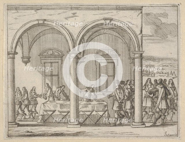 Francesco I d'Este Sustains Himself While on His War Campaign, from L'Idea di un Principe ..., 1659. Creators: Bartolomeo Fenice, Jean Sauve.