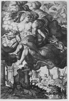 Ixion attempting to seduce Juno, surrounded by clouds with ruins below, ca. 1520-39. Creator: Giovanni Jacopo Caraglio.