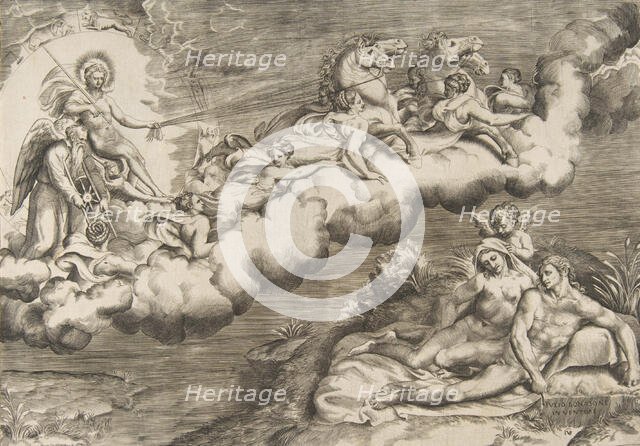 An allegory of the rising sun, a naked man wearing a shroud and accompanied Father Time..., 1531-76. Creator: Giulio Bonasone.