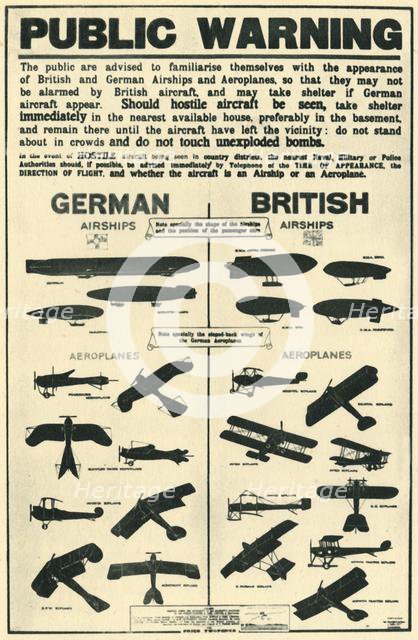 Poster showing types of British and German aircraft, 1915, (1944).  Creator: Unknown.