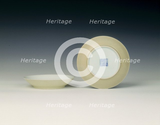 Pair of rice yellow-backed saucers, Qing dynasty, Jiaqing period, China, 1796-1820. Artist: Unknown