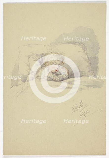 Child Asleep (recto), and Fishermen on Dock (verso), 1847. Creator: Elizabeth Murray.