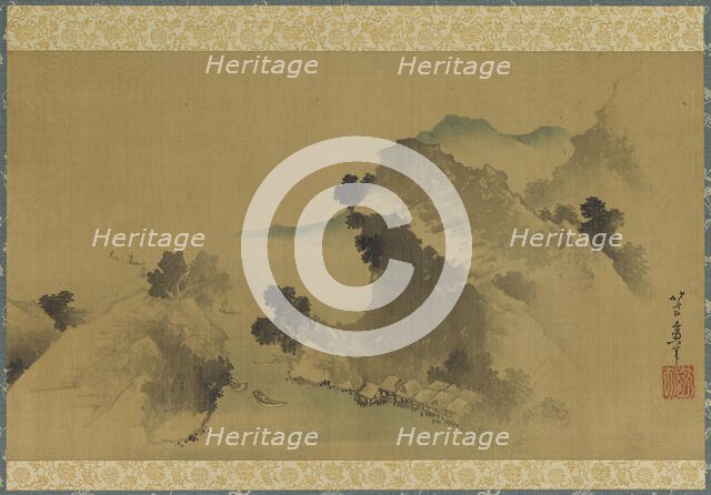 Landscape: mountains, stream and boats, late 18th-early 19th century. Creator: Hokusai.