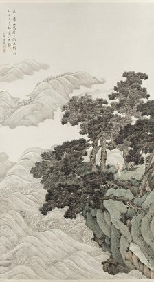 Solitary person under pines contemplating waves, 1820. Creator: Zhang Yin.