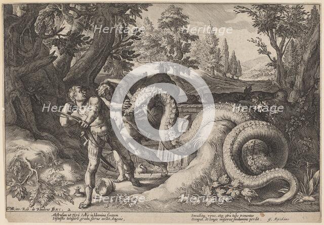 The Dragon Devouring the Companions of Cadmus, c. 1615. Creator: Goltzius, Workshop of Hendrick, after Hendrick Gol.