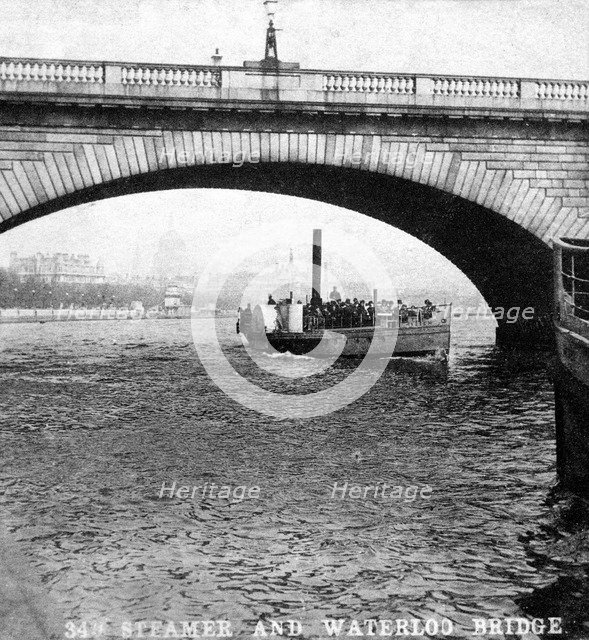 A steamer passing underneath Waterloo Bridge, London, early 20th century. Artist: Unknown
