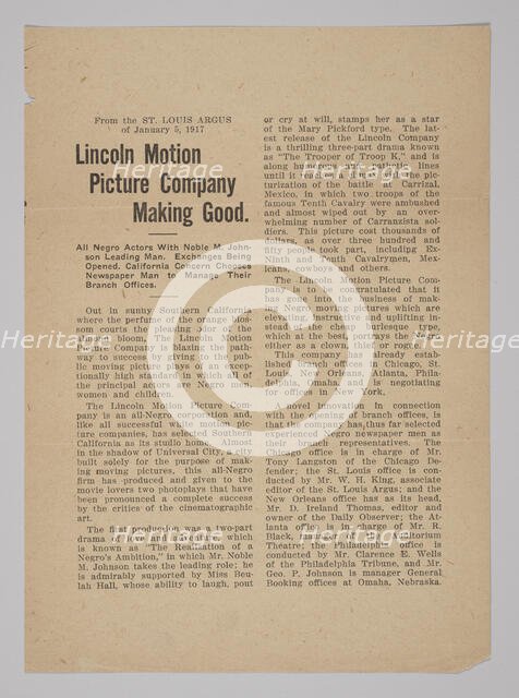 Press Release from the Lincoln Motion Picture Company, January 5, 1917. Creator: Unknown.