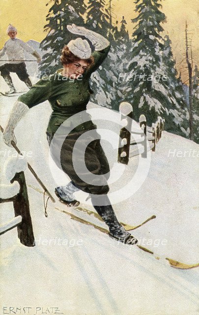 Woman skiing, late 19th or early 20th century.Artist: Ernst Platz