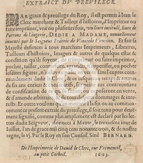 Les Secondes Oeuvres, et Subtiles Inventions De Lingerie du Seigneur Federic de Vinciolo V..., 1603. Creator: Federico de Vinciolo.