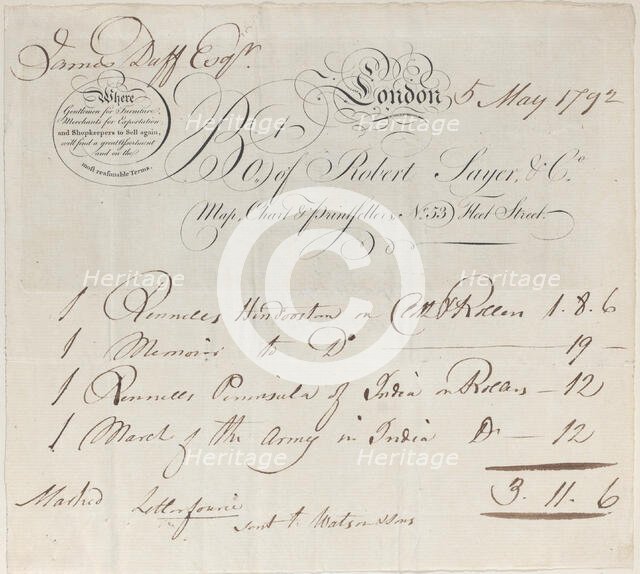 Trade Card for Robert Sayer & Co., Map, Chart and Printsellers, 19th century., 19th century. Creator: Anon.