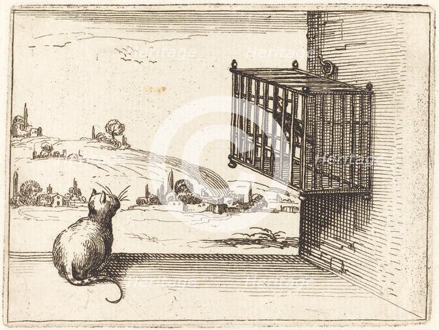Cat Watching Caged Bird, 1628. Creator: Jacques Callot.