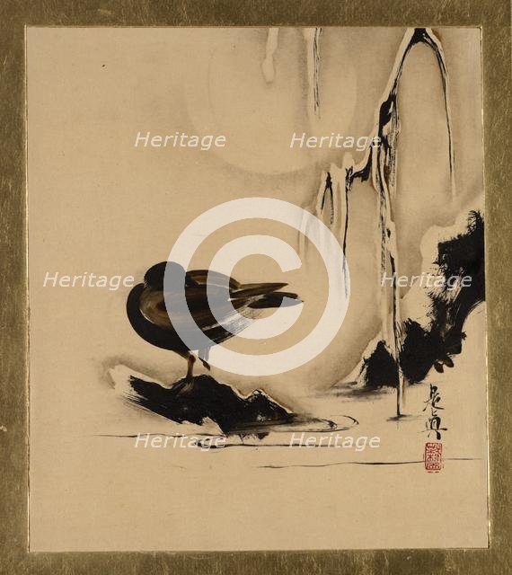 Lacquer Paintings of Various Subjects: Bird and Willow in Snow, 1882. Creator: Shibata Zeshin.