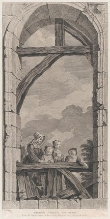 The Chapel of the Enfants-Trouvés in Paris: Religieuse et petites filles regardant la crèc..., 1756. Creator: Etienne Fessard.