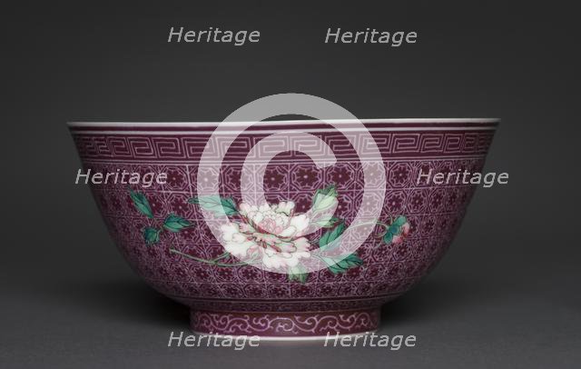 Pair of Bowls with Peony Sprays on Diaper Ground (exterior); Chrysanthemum Sprays (int), 1736-1795. Creator: Unknown.
