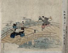 A fierce samurai holding a spear fighting an effeminate samurai on a bridge, between 1800 and 1899. Creator: Unknown.