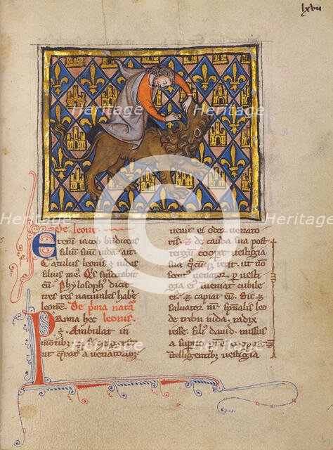 Samson Wrestling with the Lion; Bestiary, about 1270. Creator: Unknown.