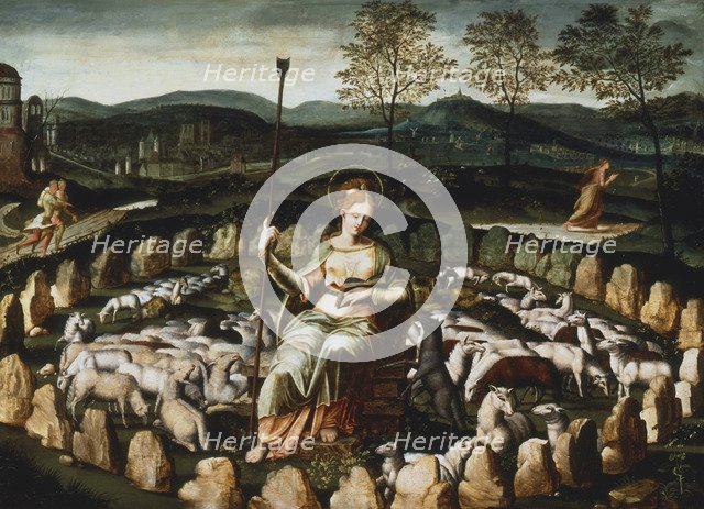 'St Genevieve gardant ses moutons' ('St Genevieve watching her Flock'), 16th century. Artist: Anon