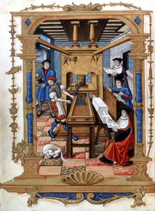 Interior of a printing house, miniature of 'Cantos reales sobre la Concepción' (Royal Songs on th…