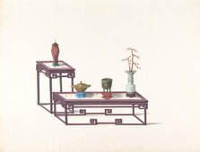 Two Tables with a Purple Finish, One with a Red Vase, the Other with Three Vases, 19th century. Creator: Anon.