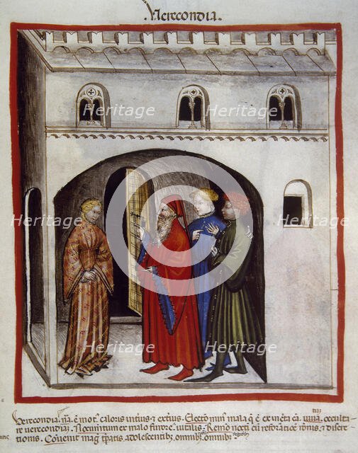 Woman embarrassed before a group of men, 14th century.  Creator: Unknown.